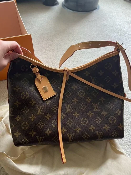 Louis Vuitton Monogram CarryAll PM Shoulder Bag in Brown and Tan with Red Accent - Picture 6 of 7